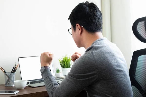 Businessman Casual Dress Looking Laptop Excited Computer Internet Technology Freelancer — Stock Photo, Image