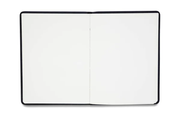 モックアップを設計するための白い背景に隔離されたノート会議を取るための開いている空白のノートブックの上のビュー 教育とビジネスの概念 平置き — ストック写真