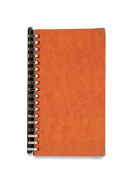 オレンジの上のトップビューは モックアップを設計するための白い背景に隔離されたメモ会議を取るか 書き込み用の空白のノートブックを閉じました 教育とビジネスの概念 平置き — ストック写真