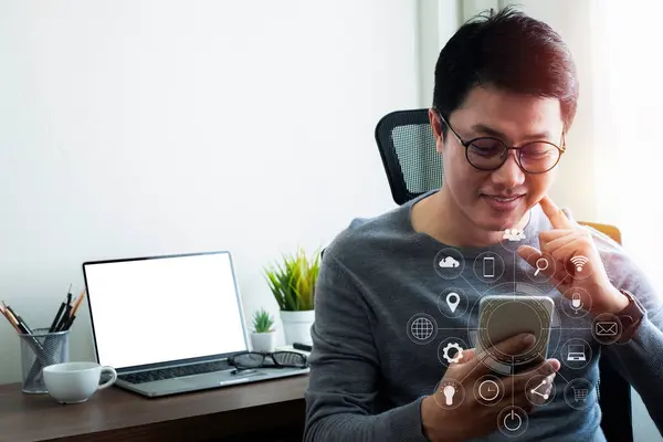 Digital Marketing Technology Network Communication Businessman Hand Using Mobile Laptop — Stock Photo, Image