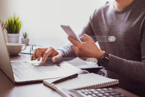 Businessman Hands Working Laptop Computer Device Office Desk Using Search — Stock Photo, Image