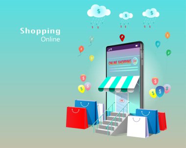 Çevrimiçi alışveriş, ekran mağazası uygulamasında alım-satım, cep telefonu vektörlü internet sitesi. İş finansmanı ve E-ticaret dijital pazarlama teknolojisi kavramı.