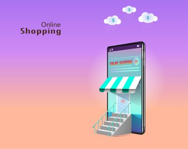 Çevrimiçi alışveriş, ekran mağazası uygulamasında alım-satım, cep telefonu vektörlü internet sitesi. İş finansmanı ve E-ticaret dijital pazarlama teknolojisi kavramı.
