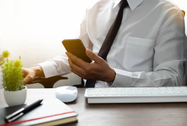 Businessman Holding Mobile Phone Keyboard Computer Office Desk Workspace Businessman — Stock Photo, Image