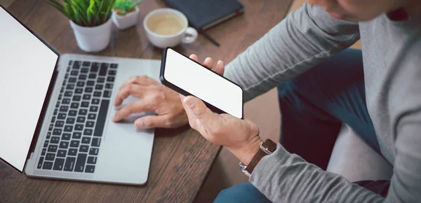 Shot Man Hand Using Holding Smartphone Mobile Mockup Blank White — Stock Photo, Image