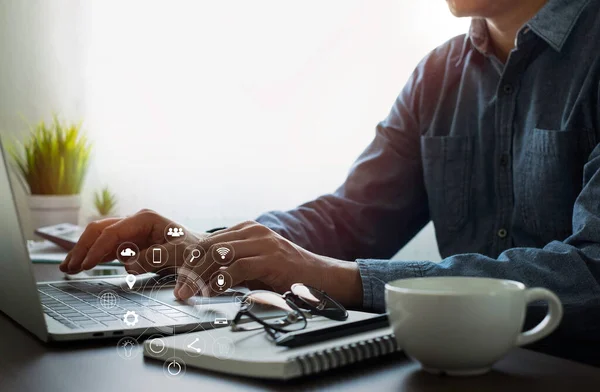 Digital Marketing Technology Network Communication Businessman Hands Working Laptop Computer — Stock Photo, Image