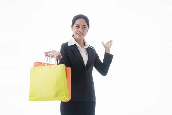 Shopper Concept Portret Jong Gelukkig Zakenvrouw Met Kleurrijke Boodschappentas Geïsoleerde — Stockfoto