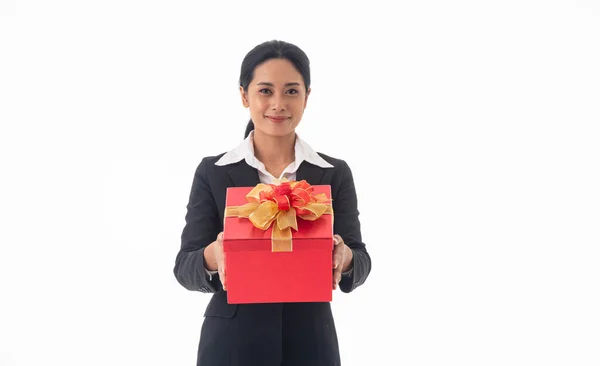 Retrato Jovem Bonita Sorrindo Mulher Feliz Usar Terno Preto Segurando — Fotografia de Stock