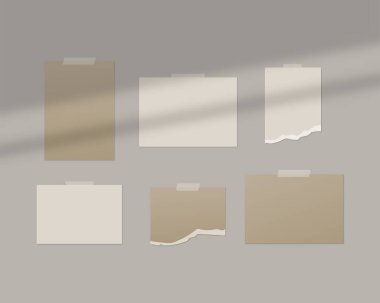 Ruh hali düzenleme şablonu. Duvarda gölgeli beyaz kağıtlar var. Model vektörü izole edildi. Şablon tasarımı. Gerçekçi vektör illüstrasyonu.