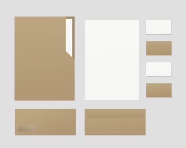 İş kırtasiyesi modeli. Kağıt klasör, kağıt, zarf, kartvizitler. Şirket kimlik şablonu ayarlandı. Gerçekçi vektör illüstrasyonu.