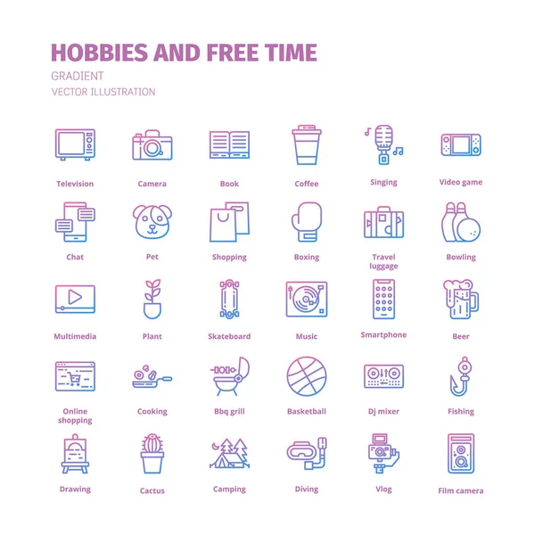 Hobiler ve boş zaman ikonları. Hobiler ve serbest zaman gradyan ana hatları simgesi seti. Web sitesi, uygulama, baskı, poster tasarımı için simge