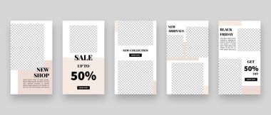 Sosyal medya şablonu. Düzenlenebilir moda sosyal medya hikayeleri. Model izole edildi. Şablon tasarımı. Vektör illüstrasyonu.