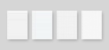 Not defteri seti. Çizgili kağıt şablonu. Model izole edildi. Şablon tasarımı. Gerçekçi vektör illüstrasyonu.