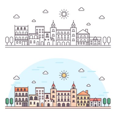 Modern düz çizgi vektöründeki peyzaj. İnce çizgi manzara vektör illüstrasyonu. 