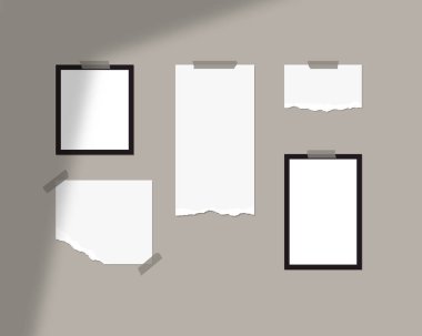 Mood board mockup template. Empty sheets of white paper on the wall with shadow overlay. Mockup vector isolated. Template design. Realistic vector illustration. clipart