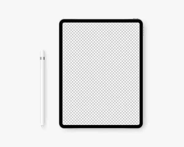 Realistische Tablet Met Potlood Tablet Met Transparant Scherm Mockup Geïsoleerd — Stockvector