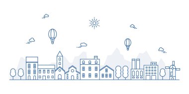 İnce çizgili şehir manzarası. Şehir düz çizgi tasarımı. Vektör illüstrasyonu.