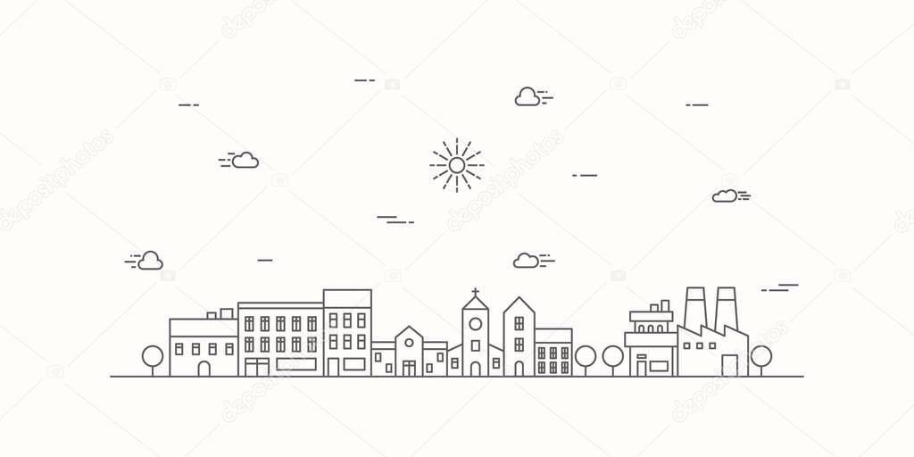 Suburban landscape with a thin line style. Cityscape flat line design. Vector illustration.