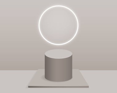 Minimum arkaplanda boş silindir podyumu. Geometrik şekilli nesne ile soyut asgari sahne. Ürün sunumu için tasarım. 3d vektör illüstrasyonu. 