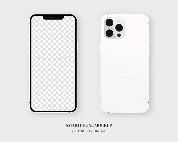 Akıllı telefon model vektörü. Önde ve arkada gri arkaplanda boş beyaz akıllı telefon var. Model vektörü izole edildi. Şablon tasarımı. Gerçekçi vektör illüstrasyonu.