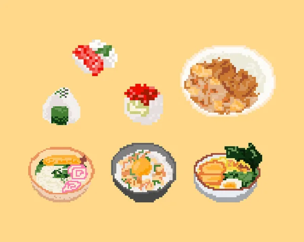 Set Comida Japonesa Pixel Art Bit Ilustración Vector Arte — Archivo Imágenes Vectoriales