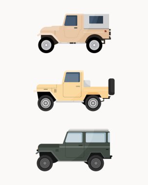 Bir arazi aracı seti. Off road araçları vektör illüstrasyonu. 