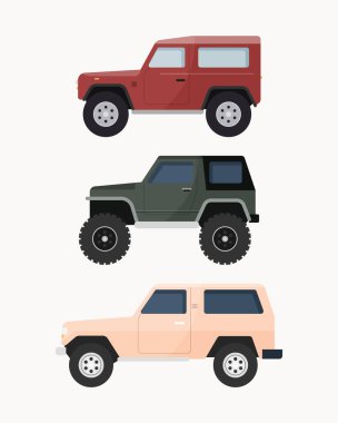 Bir arazi aracı seti. Off road araçları vektör illüstrasyonu. 