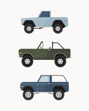 Bir arazi aracı seti. Off road araçları vektör illüstrasyonu. 