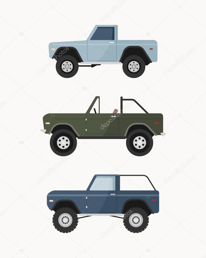 Set of off-road suv car. Off road vehicles vector illustration. 