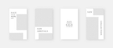 Sosyal medya şablonu. Düzenlenebilir moda sosyal medya hikayeleri. Model izole edildi. Şablon tasarımı. Vektör illüstrasyonu.