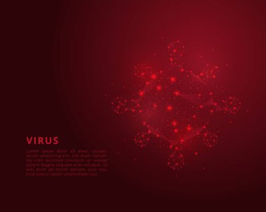 Küresel virüs ve hastalık yayıldı. Covid-19 virüsü. Kırmızı arkaplanda soyut çokgen viral mikrop izole edildi. Vektör illüstrasyonu. 