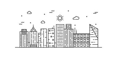 Şehir peyzaj çizgisi sanat vektörü. İnce şehir manzarası, binalar, bulutlar, güneş. Vektör illüstrasyonu.