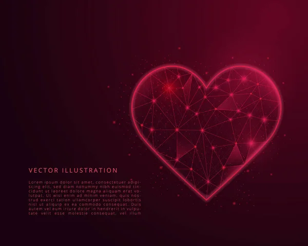 Abstraktní Nízké Poly Srdce Mnohoúhelníkový Drátěný Rám Čárkami Tečkami Obrázek — Stockový vektor