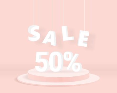 Sale 50% text with cylinder podium on pink background. Sale promotion banner. 3d vector illustration. clipart