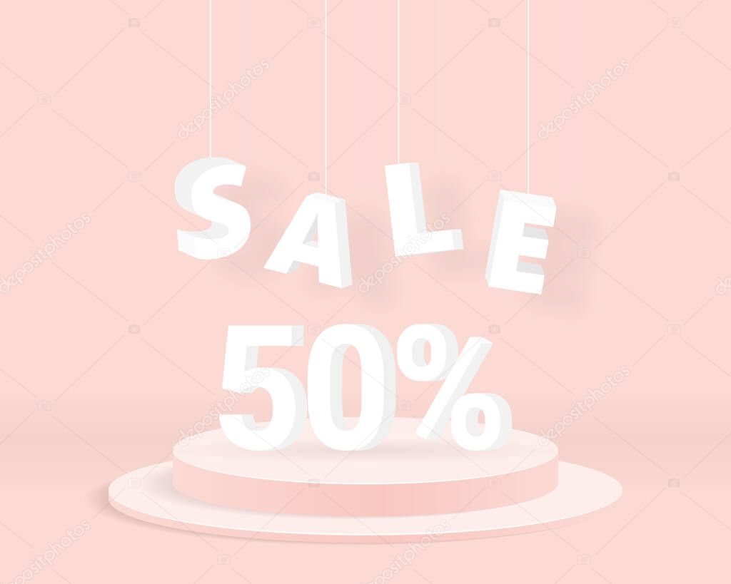 Sale 50% text with cylinder podium on pink background. Sale promotion banner. 3d vector illustration.