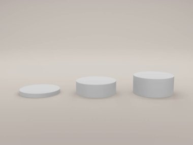Minimum arkaplanda boş silindir podyumu. Geometrik formlarla soyut asgari sahne. Ürün sunumu için tasarım. 3B görüntüleme.