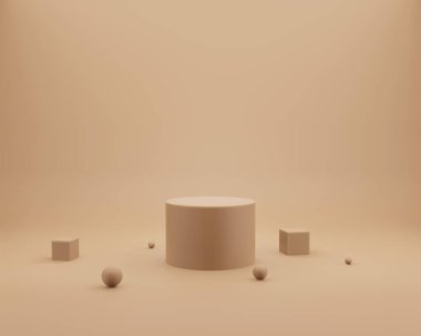 Minimum arkaplanda boş silindir podyumu. Geometrik formlarla soyut asgari sahne. Ürün sunumu için tasarım. 3B görüntüleme.
