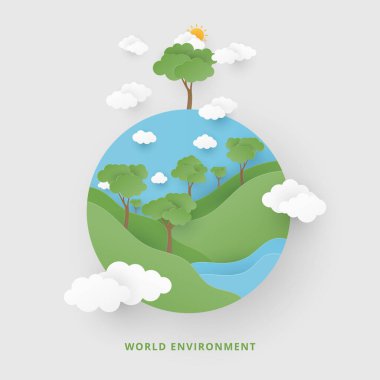 Dünya çevre günü konsepti. Kağıt kesim stili, dünya, ağaç, güneş ve bulutlar. Dünya kavramını sakla. Vektör illüstrasyonu.