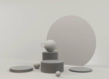 Geometrik formlarla soyut asgari sahne. Minimum arkaplanda boş silindir podyumu. Ürün sunumu için tasarım. 3B görüntüleme.