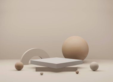 Geometrik formlarla soyut asgari sahne. Minimum arkaplanda boş podyum görüntüsü. Ürün sunumu için tasarım. 3B görüntüleme.