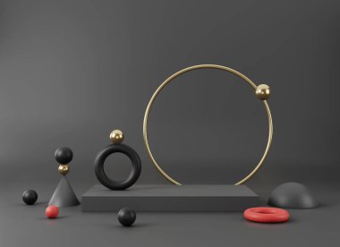 Geometrik formlarla soyut asgari sahne. Minimum arkaplanda boş podyum görüntüsü. Ürün sunumu için tasarım. 3B görüntüleme.