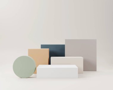 Geometrik formlarla soyut asgari sahne. Minimum arkaplanda boş podyum görüntüsü. Ürün sunumu için tasarım. 3B görüntüleme.