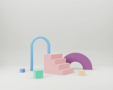 Geometrik formlarla soyut asgari sahne. Minimum arkaplanda boş podyum görüntüsü. Ürün sunumu için tasarım. 3B görüntüleme.