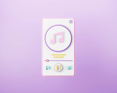 Müzik akışı için arayüz tasarımı. Mobil müzik çalar şablonu. 3d oluşturma. 