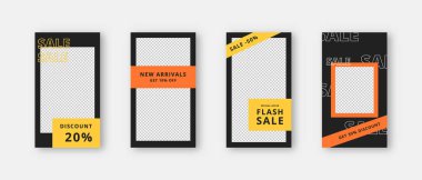 Sosyal medya şablonu. Düzenlenebilir moda sosyal medya hikayeleri. Model izole edildi. Şablon tasarımı. Vektör illüstrasyonu.