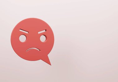 3D kızgın surat emoji ikonu. Mavi arka planda kızgın bir konuşma balonu. 3d oluşturma.
