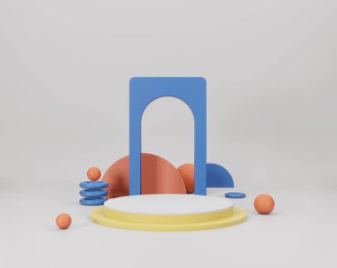 Geometrik formlarla soyut asgari sahne. Minimum arkaplanda boş podyum görüntüsü. Ürün sunumu için tasarım. 3B görüntüleme.