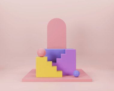 Geometrik formlarla soyut asgari sahne. Minimum arkaplanda boş podyum görüntüsü. Ürün sunumu için tasarım. 3B görüntüleme.