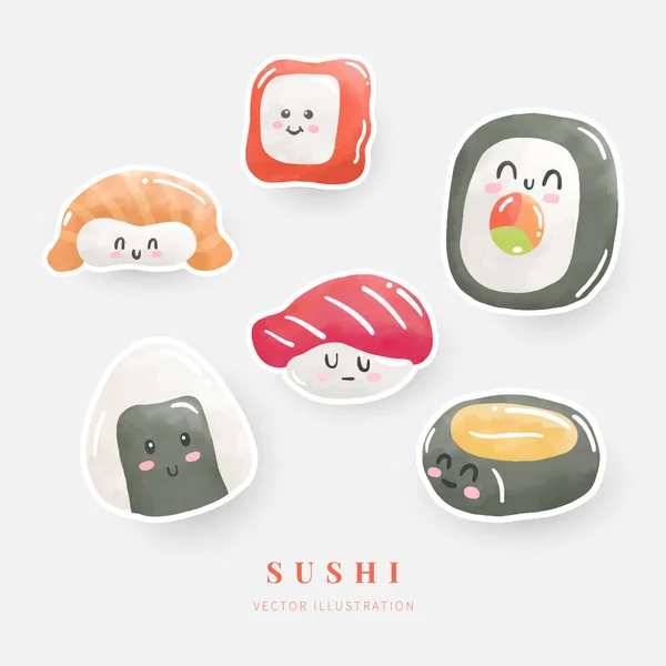 Set Pegatinas Sushi Acuarela Pintura Digital Ilustración Vectorial — Vector de stock