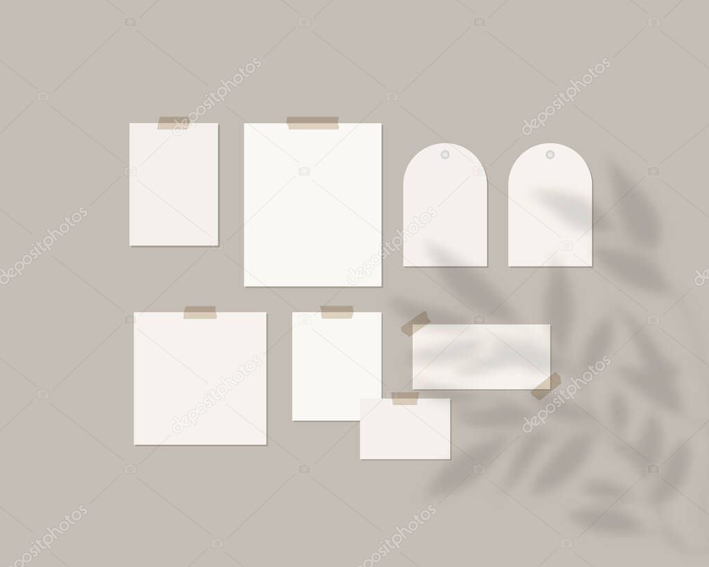 Mood board mockup template. Empty sheets of white paper on the wall with shadow overlay. Mockup vector isolated. Template design. Realistic vector illustration.